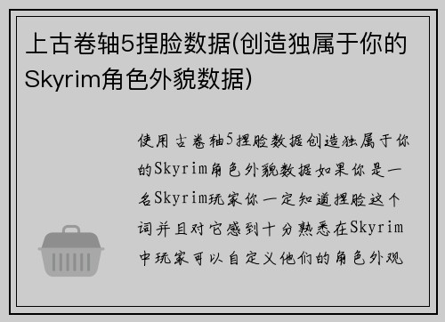 上古卷轴5捏脸数据(创造独属于你的Skyrim角色外貌数据)